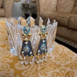 JAIPUR Blue and Gold Pearl Drop Earrings - Elegant Women's Jewelry